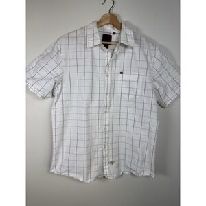 Reef Men's Shirt Large White Brown Windowpane Plaid Short‎ Sleeve Button Front